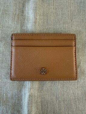 Tory Burch Saddle Brown Saffiano Leather Card Case with Gold Logo